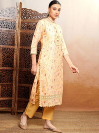 Vishudh Orange Printed Thread Work Pure Cotton Straight Kurta WithTrousers & Dupatta