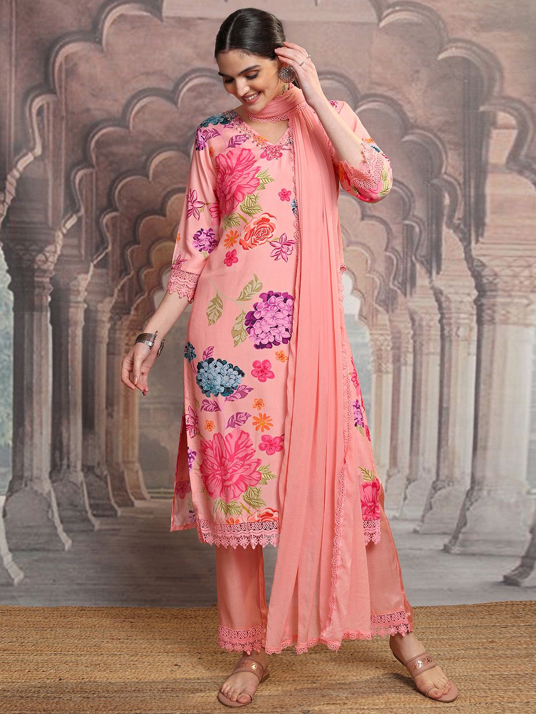 Vishudh Floral Printed Regular Beads and Stones Kurta with Trouser & Dupatta