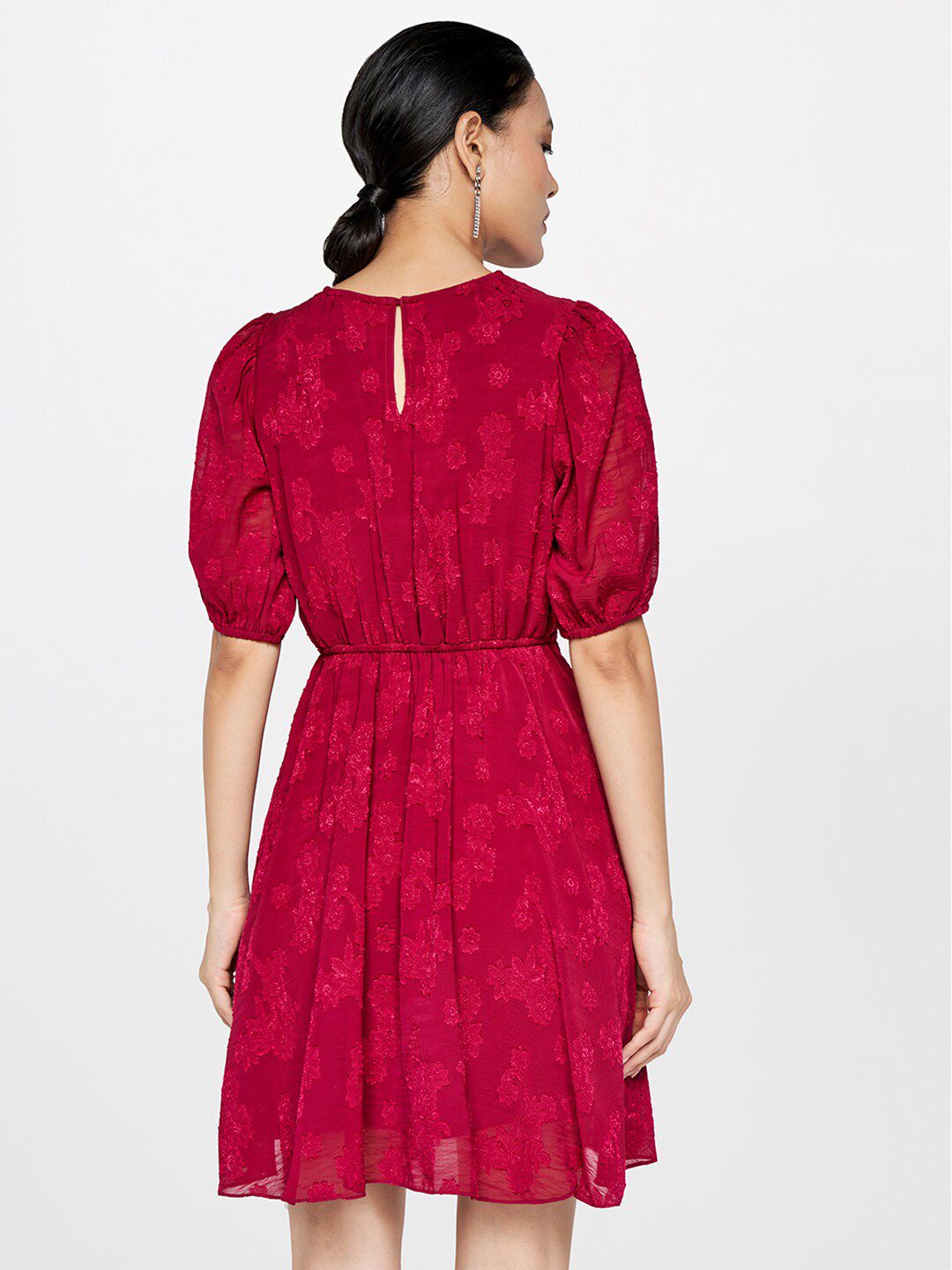 AND Maroon Puff Sleeve Fit & Flare Dress