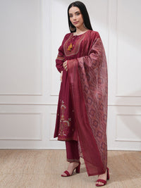 Vishudh Floral Embroidered Tie-Up Neck Thread Work Anarkali Kurta With Trouser And Dupatta
