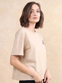 Rareism Wanita Grafik Bercetak Kapas Leher Pusingan T-shirt Santai