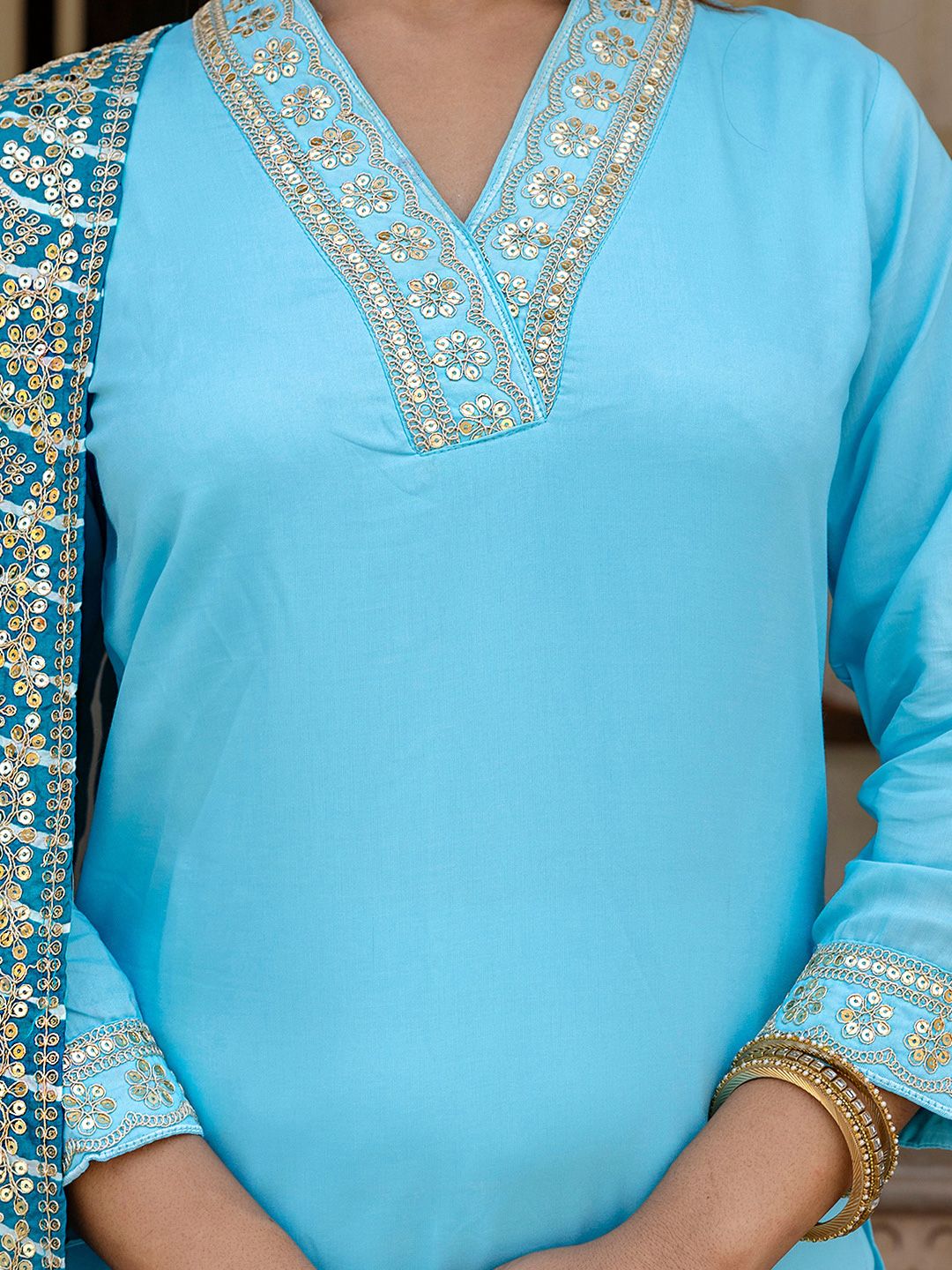 KALINI Floral Yoke Design Kurta With Trousers & Dupatta