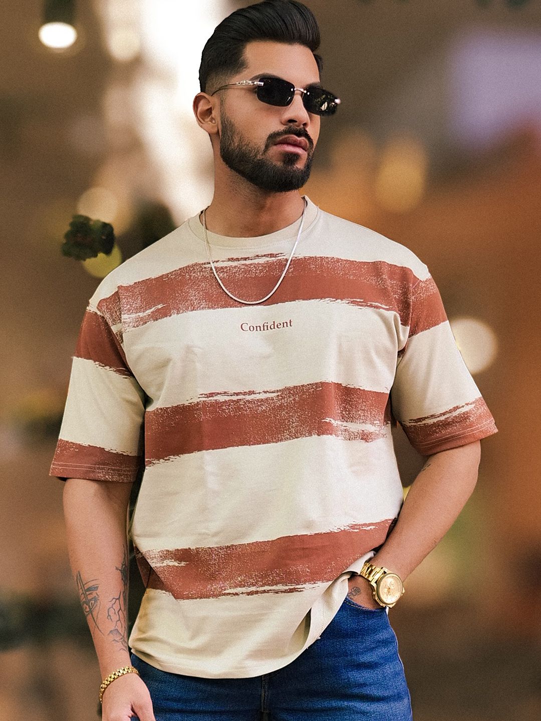 Maniac Men Striped Round Neck Cotton Oversized T-shirt