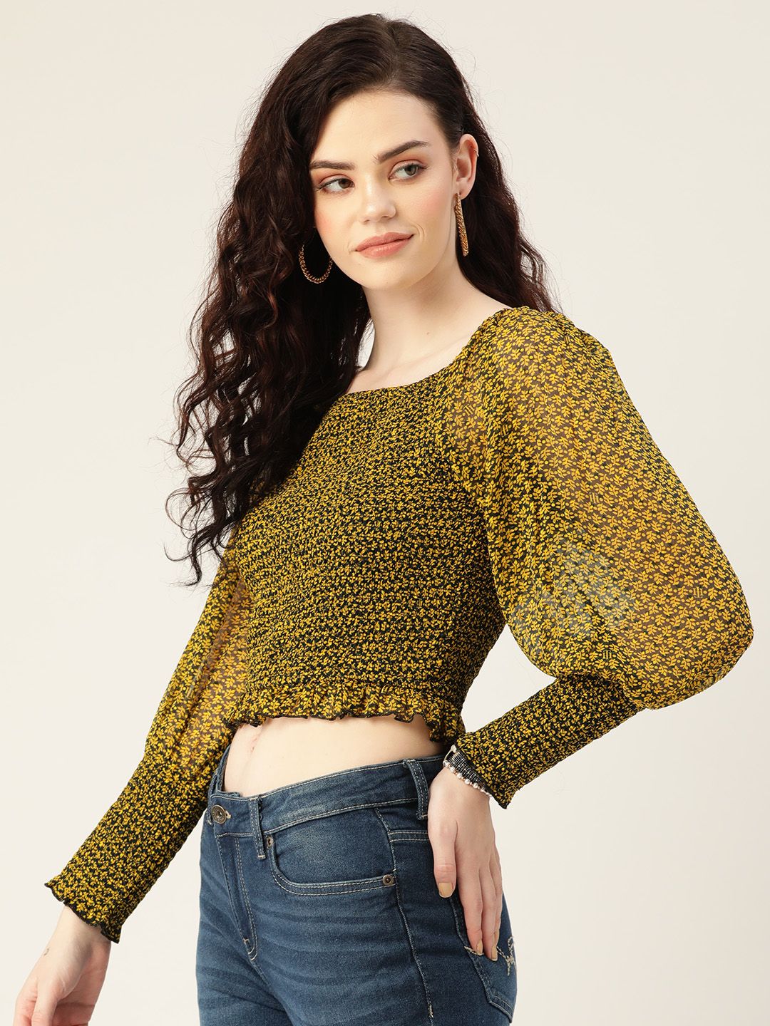 Antheaa Black & Mustard Printed Smocked Chiffon Crop Top