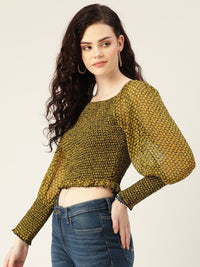 Antheaa Black & Mustard Printed Smocked Chiffon Crop Top