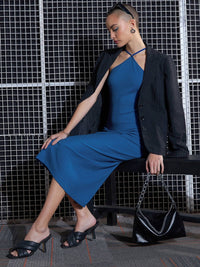 SASSAFRAS Blue Halter Neck Sheath Midi Dress
