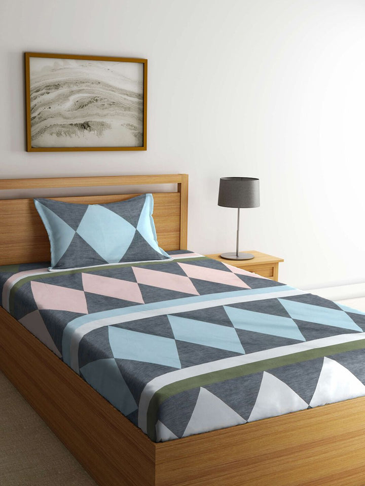 KLOTTHE Grey Geometric Cotton Skin-Friendly 300 TC Single Fine Bedsheet with a Pillow Cover-59 x 89 inches