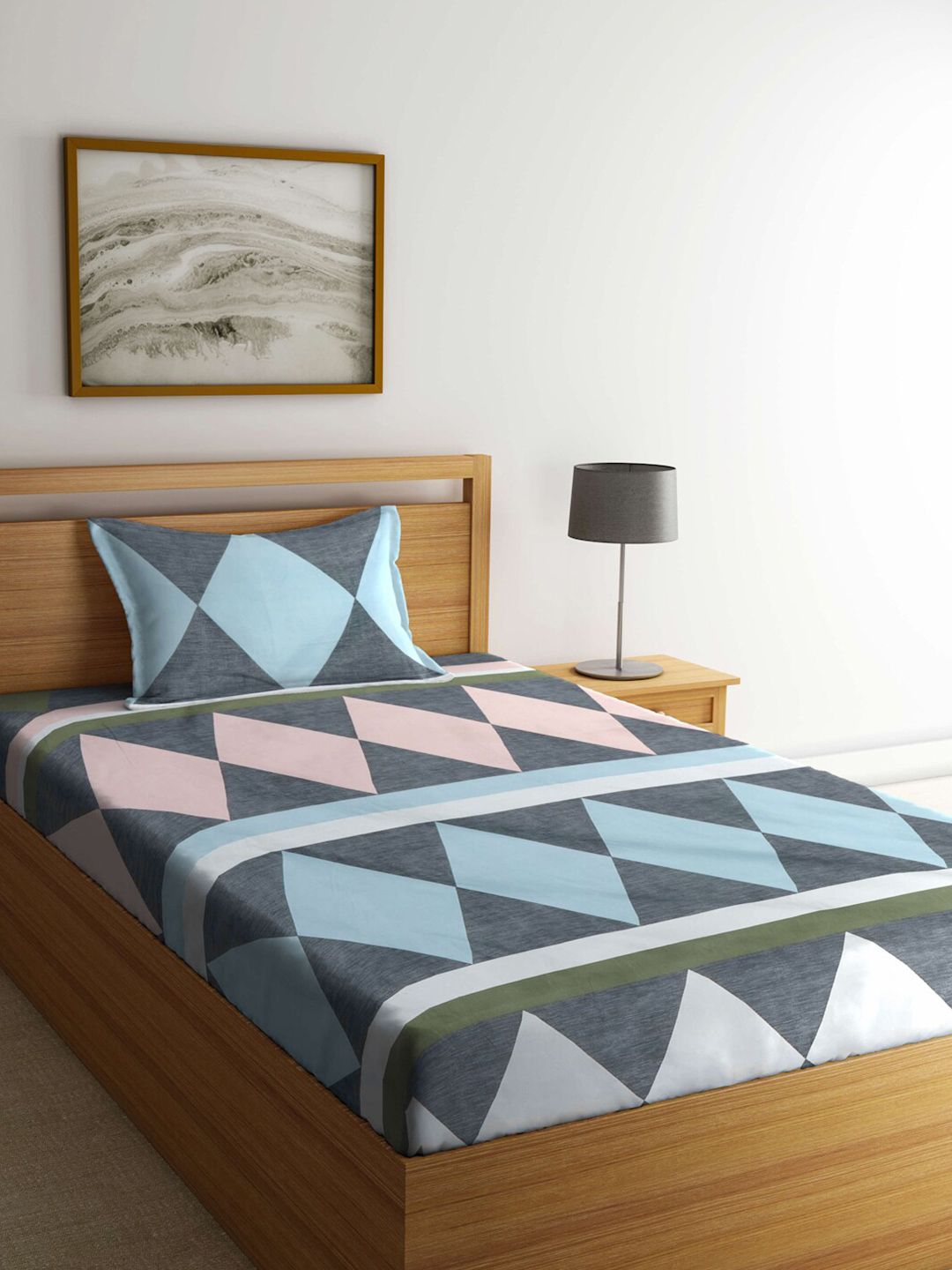 KLOTTHE Grey Geometric Cotton Skin-Friendly 300 TC Single Fine Bedsheet with a Pillow Cover-59 x 89 inches