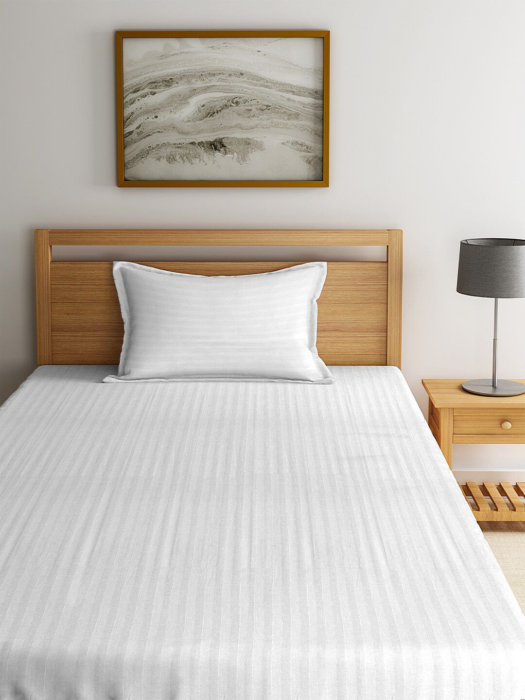 HOSTA HOMES White Striped Poly cotton 300 TC Single Bedsheet with 1 Pillow Cover