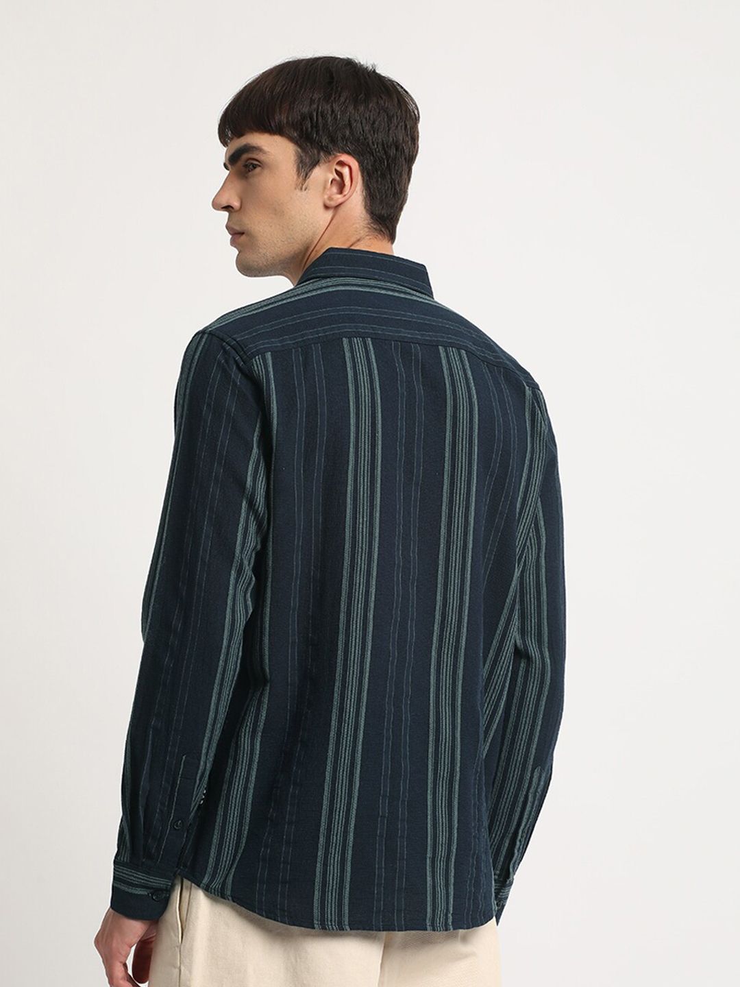 THE BEAR HOUSE Vertical Striped Slim Fit Twill Cotton Casual Shirt