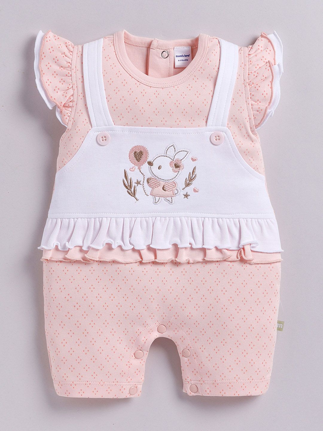 Moms Love Infant Girls Printed Cotton Rompers with Applique Detail