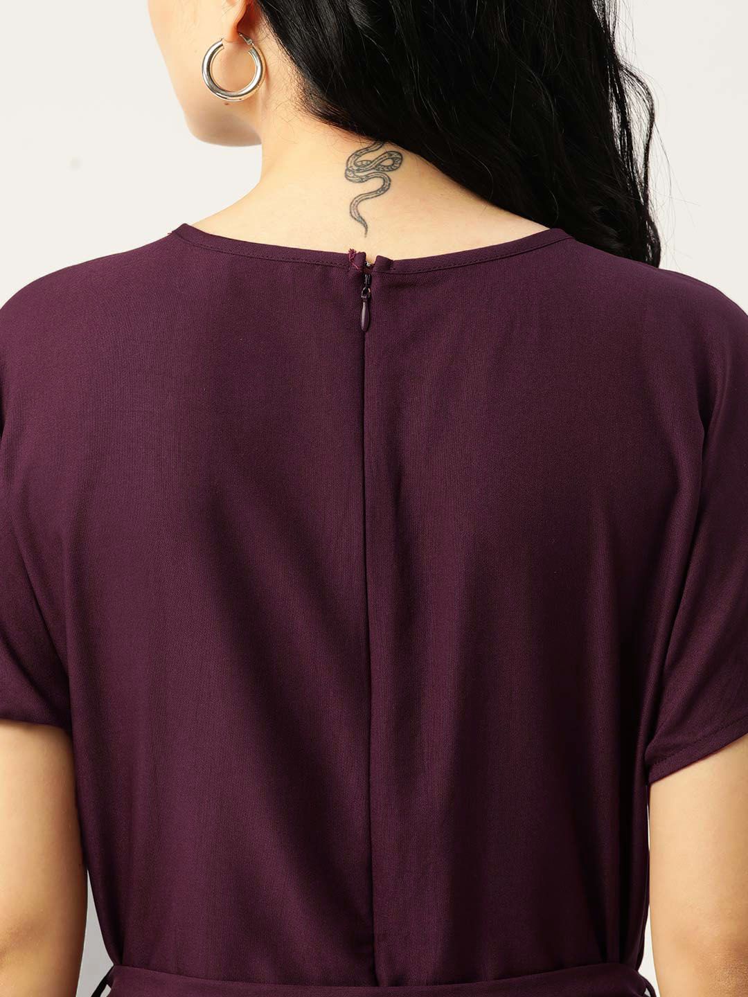DressBerry Women Burgundy Solid Extended Sleeves Basic Jumpsuit