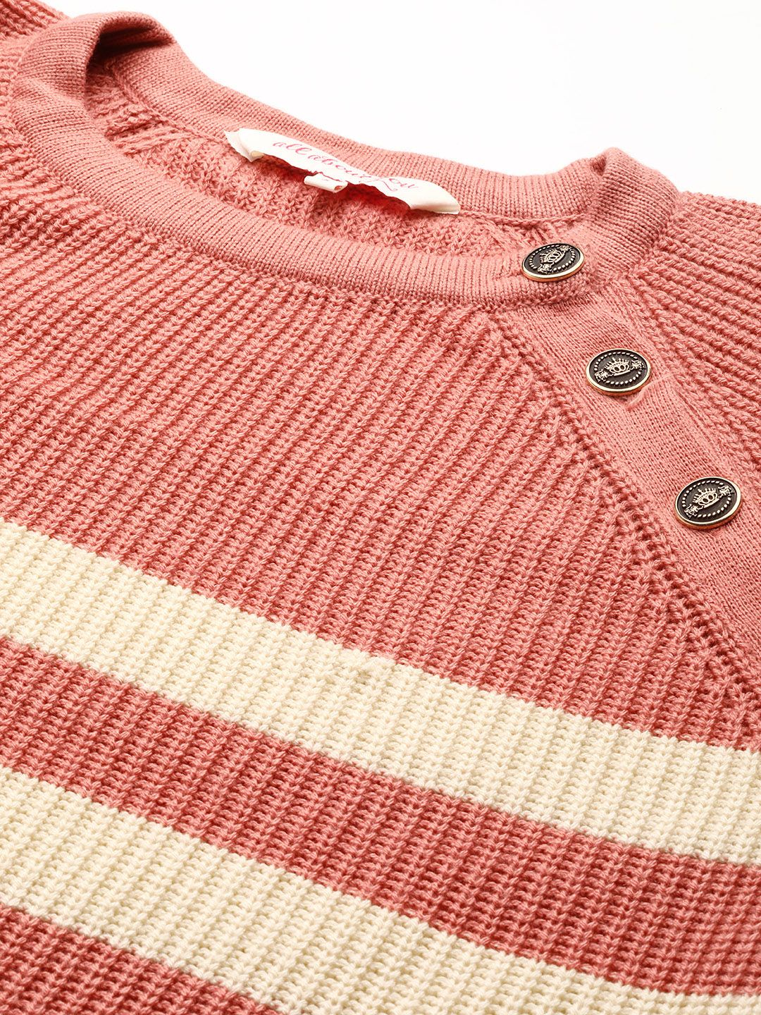 all about you Women Pink & Cream-Coloured Striped Button Detail Pullover