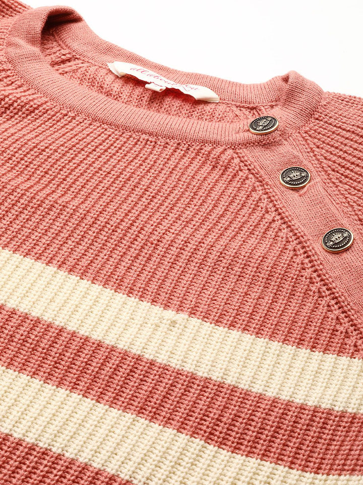 all about you Women Pink & Cream-Coloured Striped Button Detail Pullover