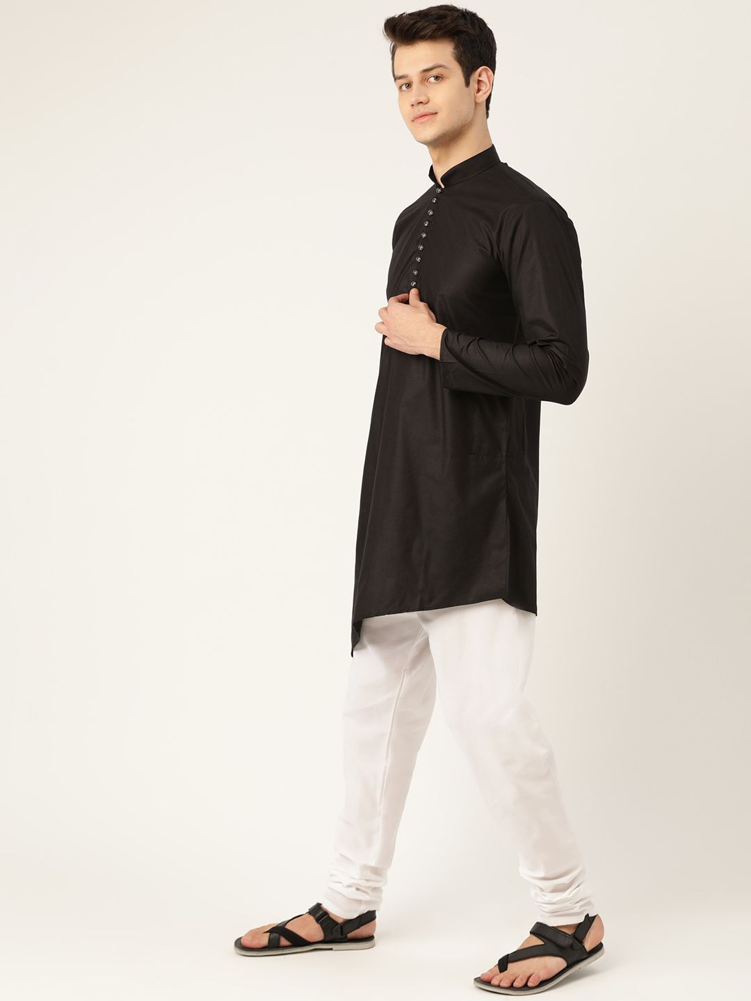 SOJANYA Men Black Solid Straight Kurta with Asymmetric Hem