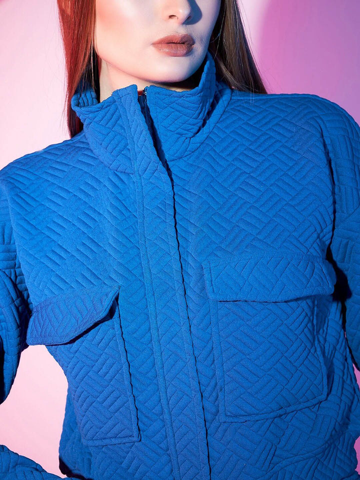 STREET 9 Blue Self Design Crop Bomber Jacket