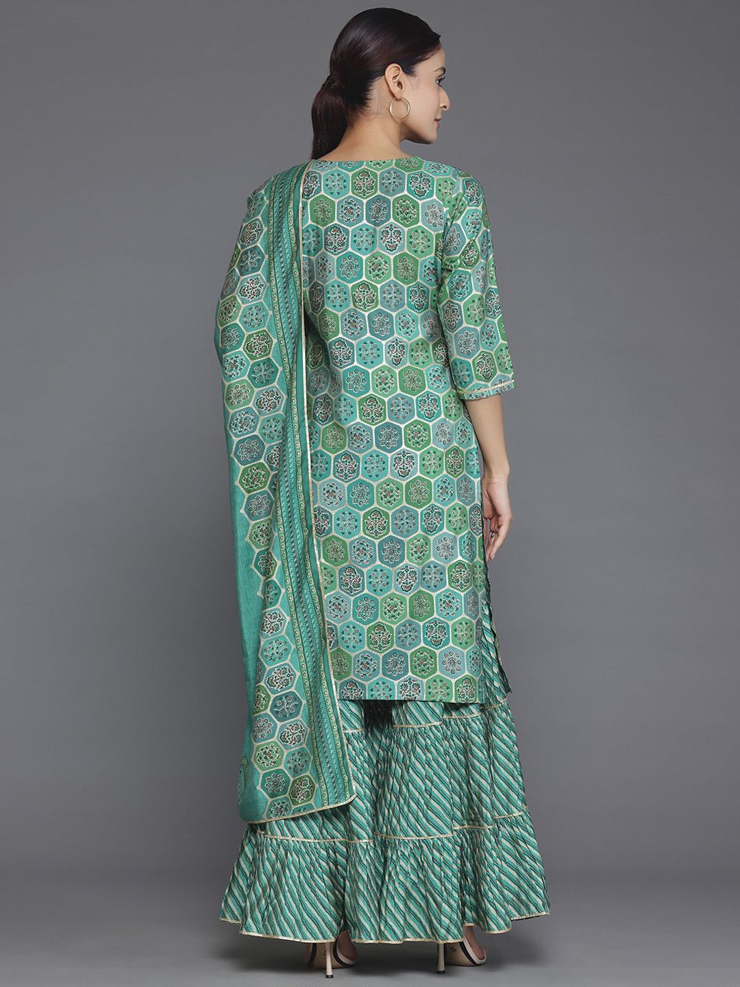 Libas Floral Printed Round Neck Three-Quarter Sleeves Sequinned Kurta Set