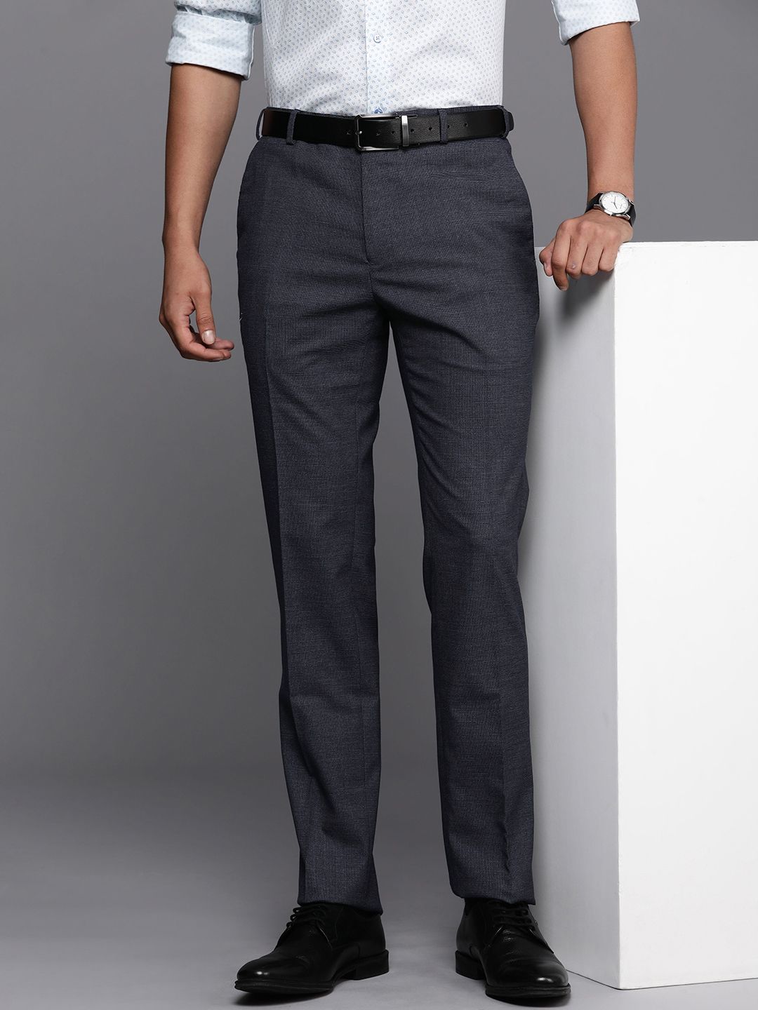 Raymond Men Mid Rise Self Design Textured Slim Fit Formal Trousers