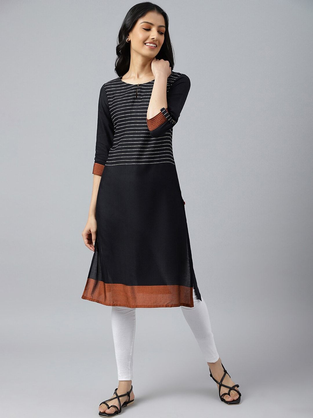 W Women Black & Brown Thread Work Straight Kurta