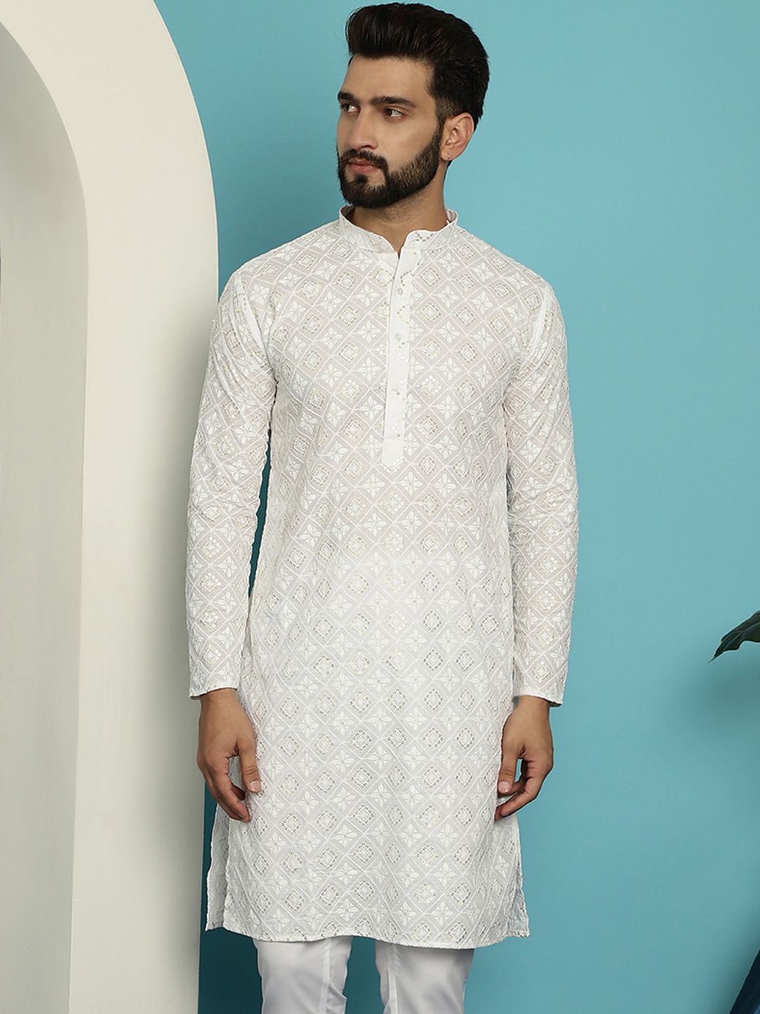 SOJANYA Motif Etnik Urutan Sulaman Kurta Lurus Kapas Tulen