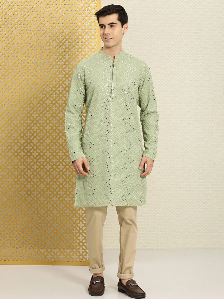 House of Pataudi Men Green Embellished Mirror Work Jashn Kurta