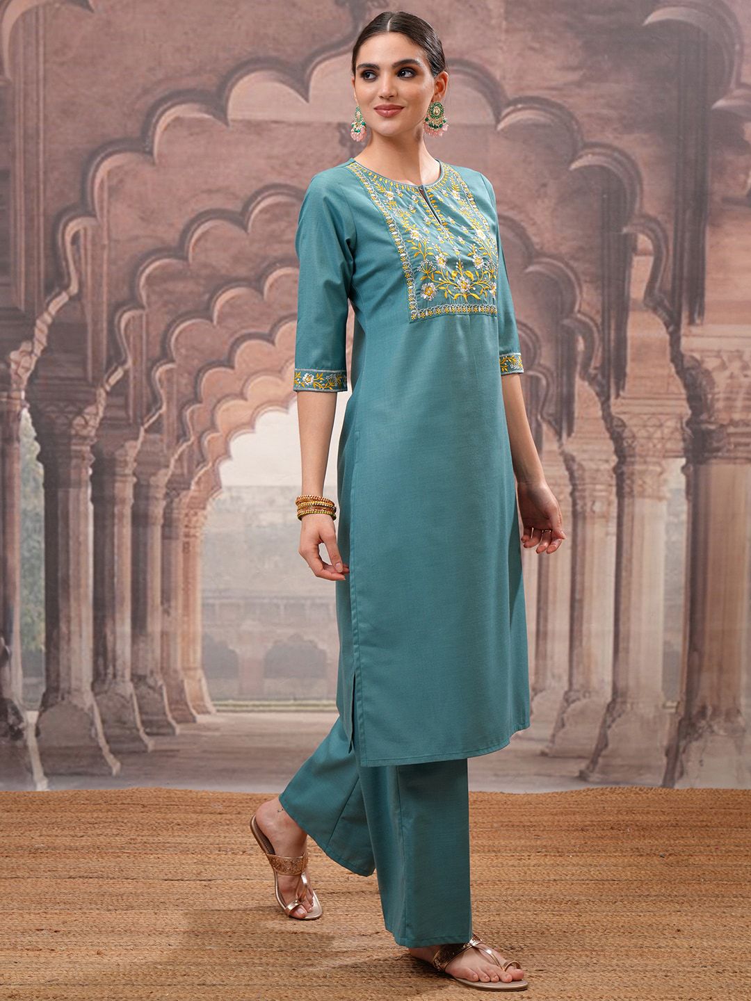 Vishudh Turquoise Blue Embroidered Straight Kurta with Palazzo & Dupatta