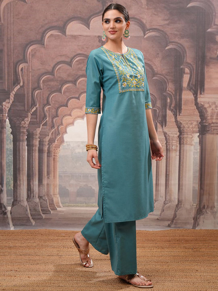 Vishudh Turquoise Blue Embroidered Straight Kurta with Palazzo & Dupatta