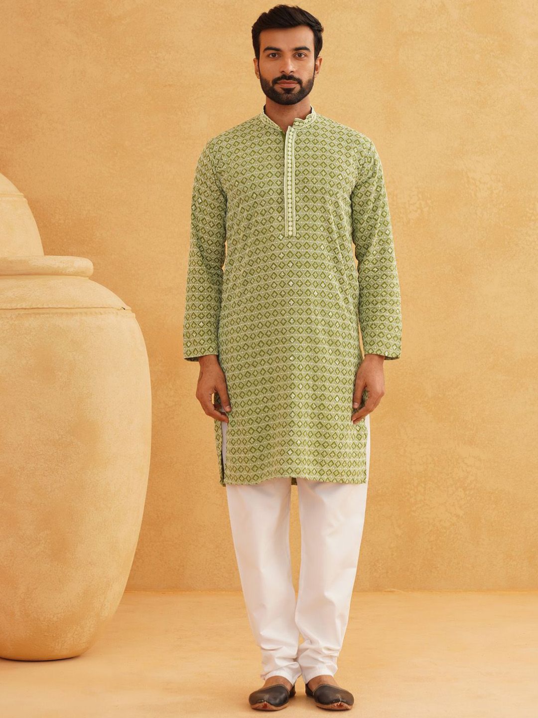 SOJANYA Geometric Embroidered Regular Sequinned Pure Cotton Kurta With Churidar