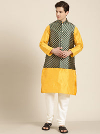 SOJANYA Men Mustard Yellow & Beige Striped Thread Work Straight Kurta Churidar NehruJacket