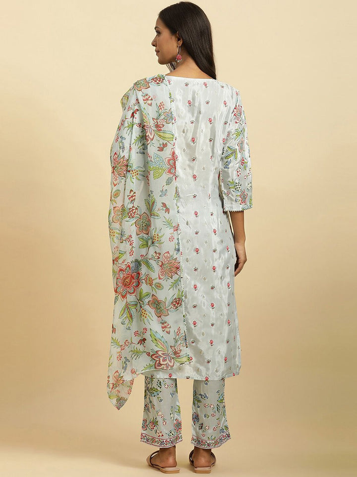 W Floral Printed Gotta Patti Straight Kurta With Trousers & Dupatta
