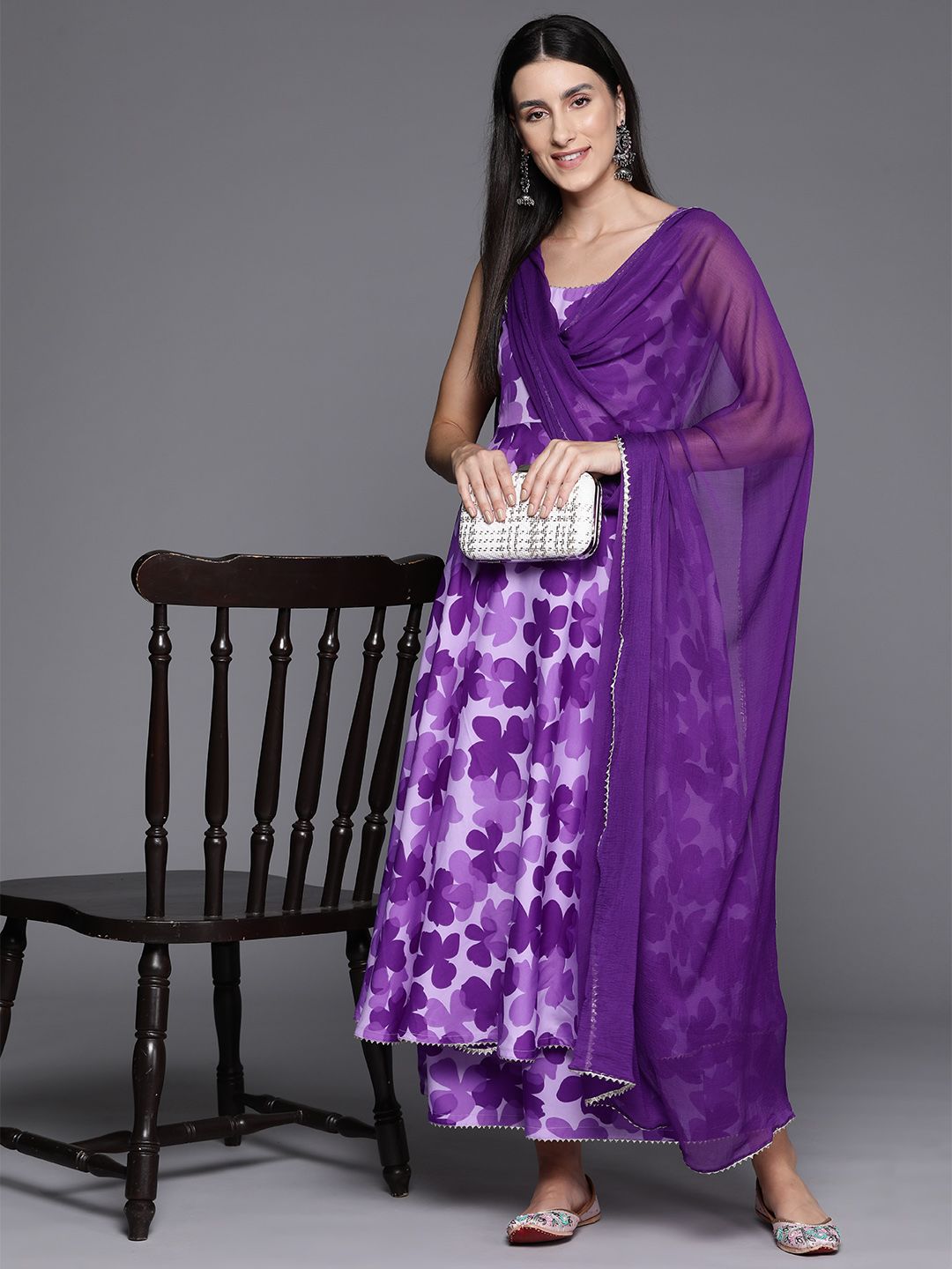 Varanga Women Floral Printed Empire Silk Crepe Kurta with Trousers & Dupatta