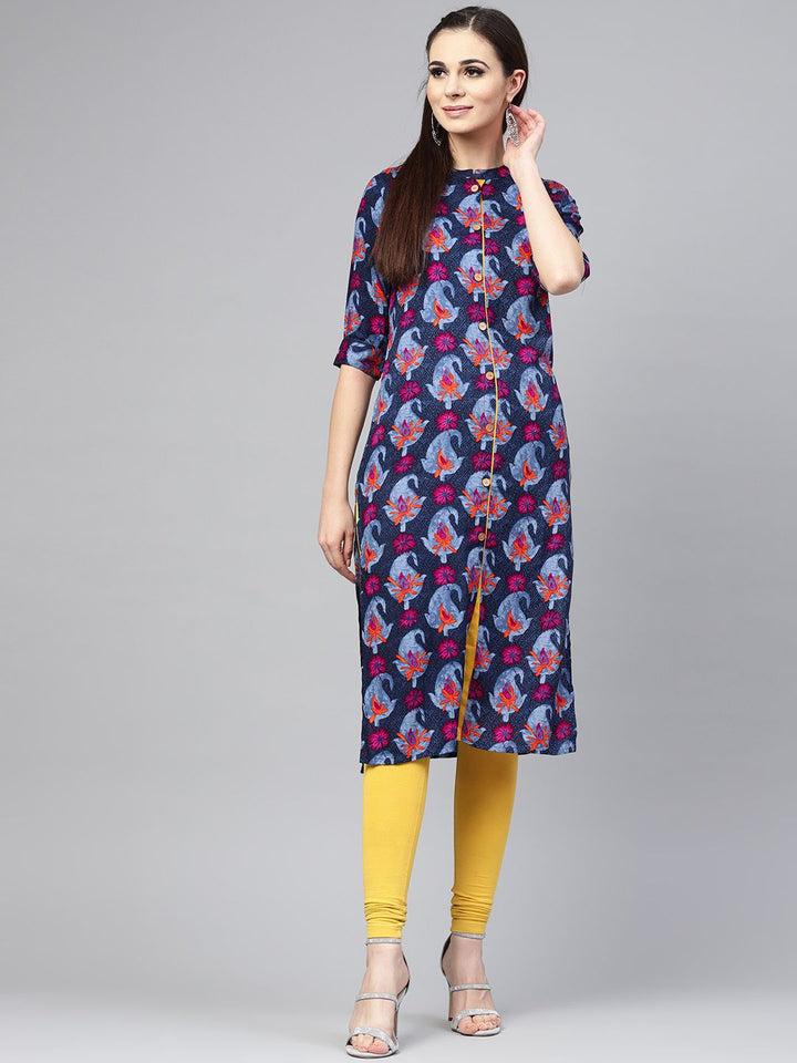 SOJANYA Kurta Lurus Bercetak Biru Laut & Merah Jambu Wanita