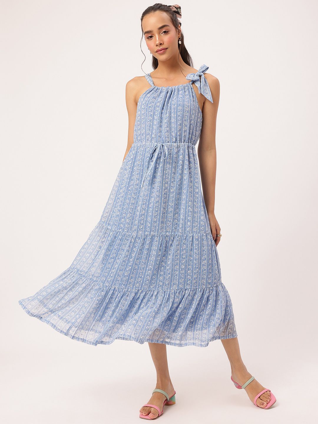 DressBerry Girly Glam Floral Tie-Up Bow Tiered A-Line Midi Dress