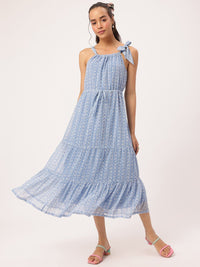 DressBerry Girly Glam Floral Tie-Up Bow Tiered A-Line Midi Dress