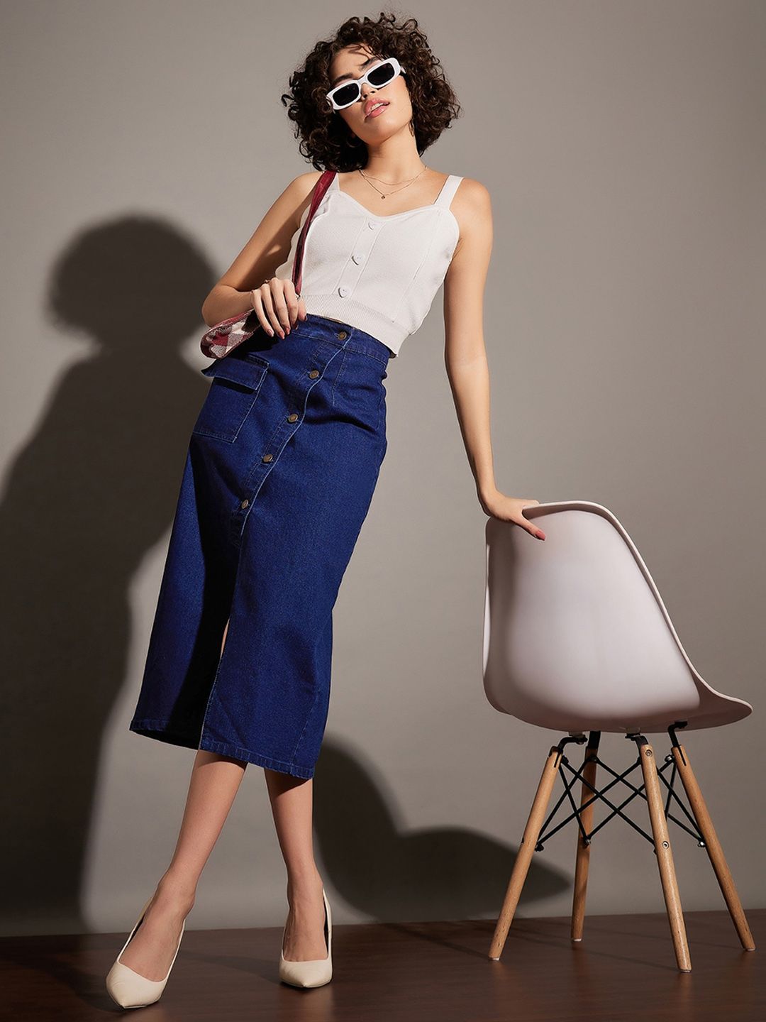 SASSAFRAS Front Button A-Line Denim Skirt
