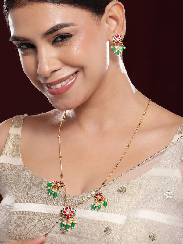 Rubans 22K Kalung Long Pink & Green Kundan yang berlapis emas dengan anting-anting