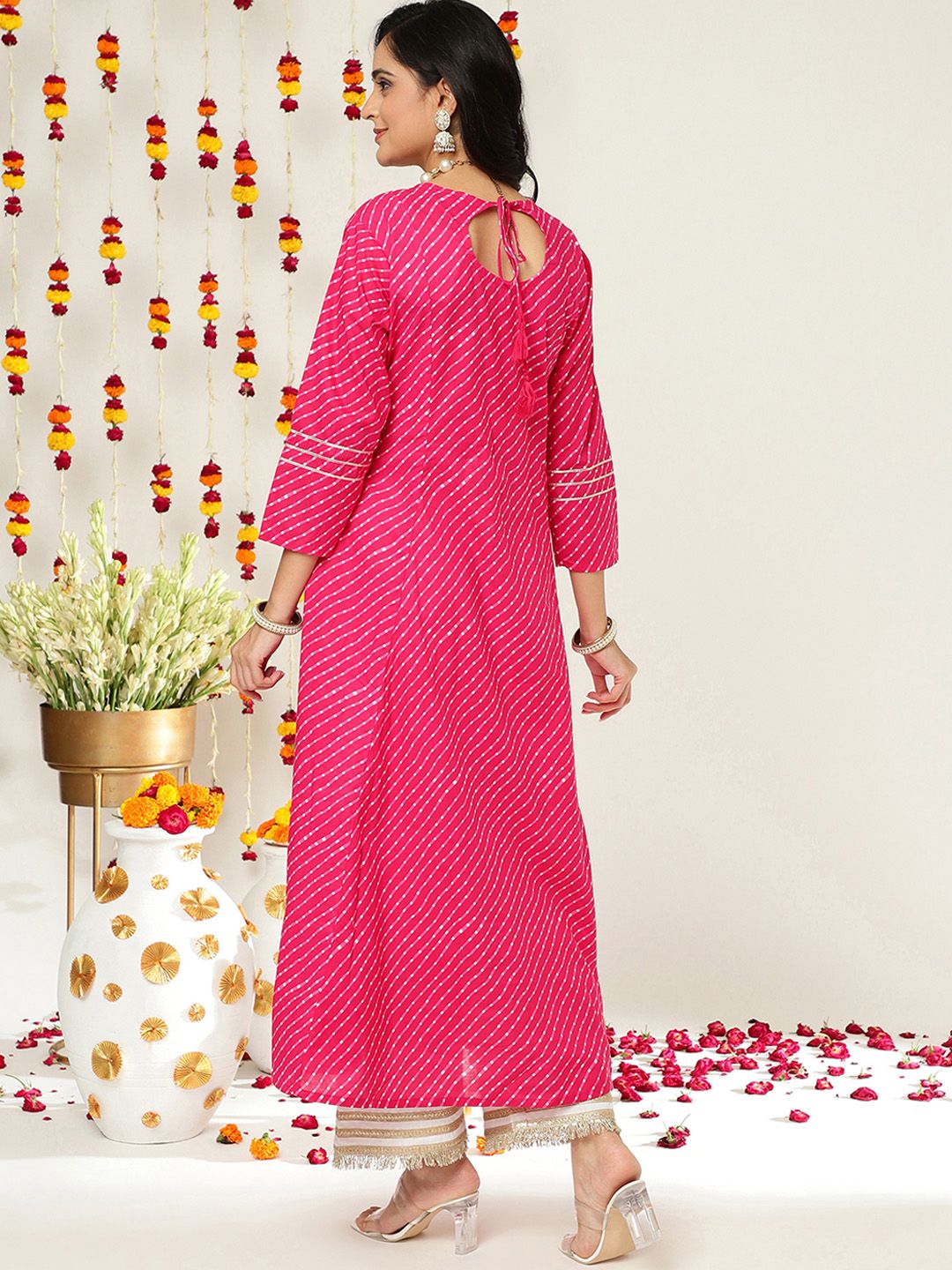 Varanga Women Pink & White Leheriya Printed Angrakha Kurta With Embroidery
