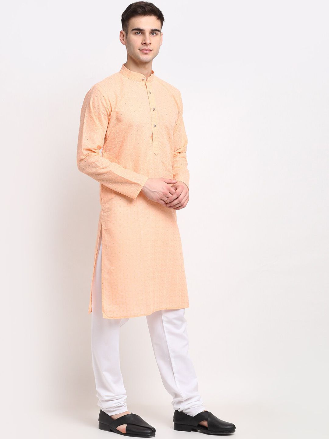 Jompers Men Orange & White Geometric Embroidered Pure Cotton Kurta With Churidar