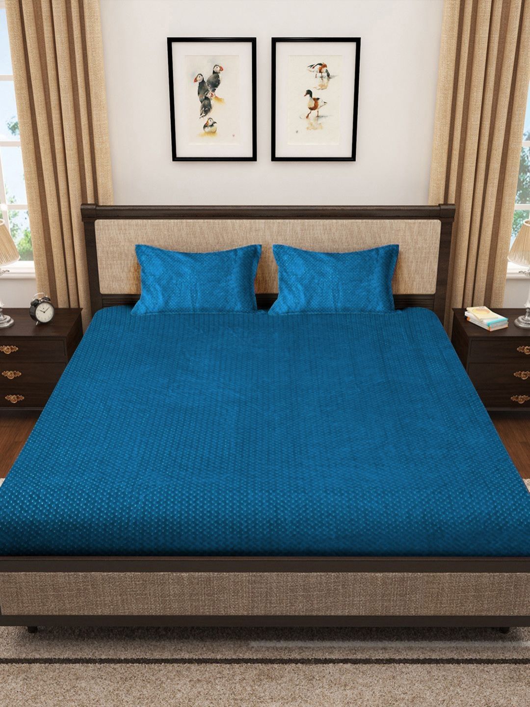 KLOTTHE Blue 300TC Double Woolen King Bedsheet With 2 Pillow Covers