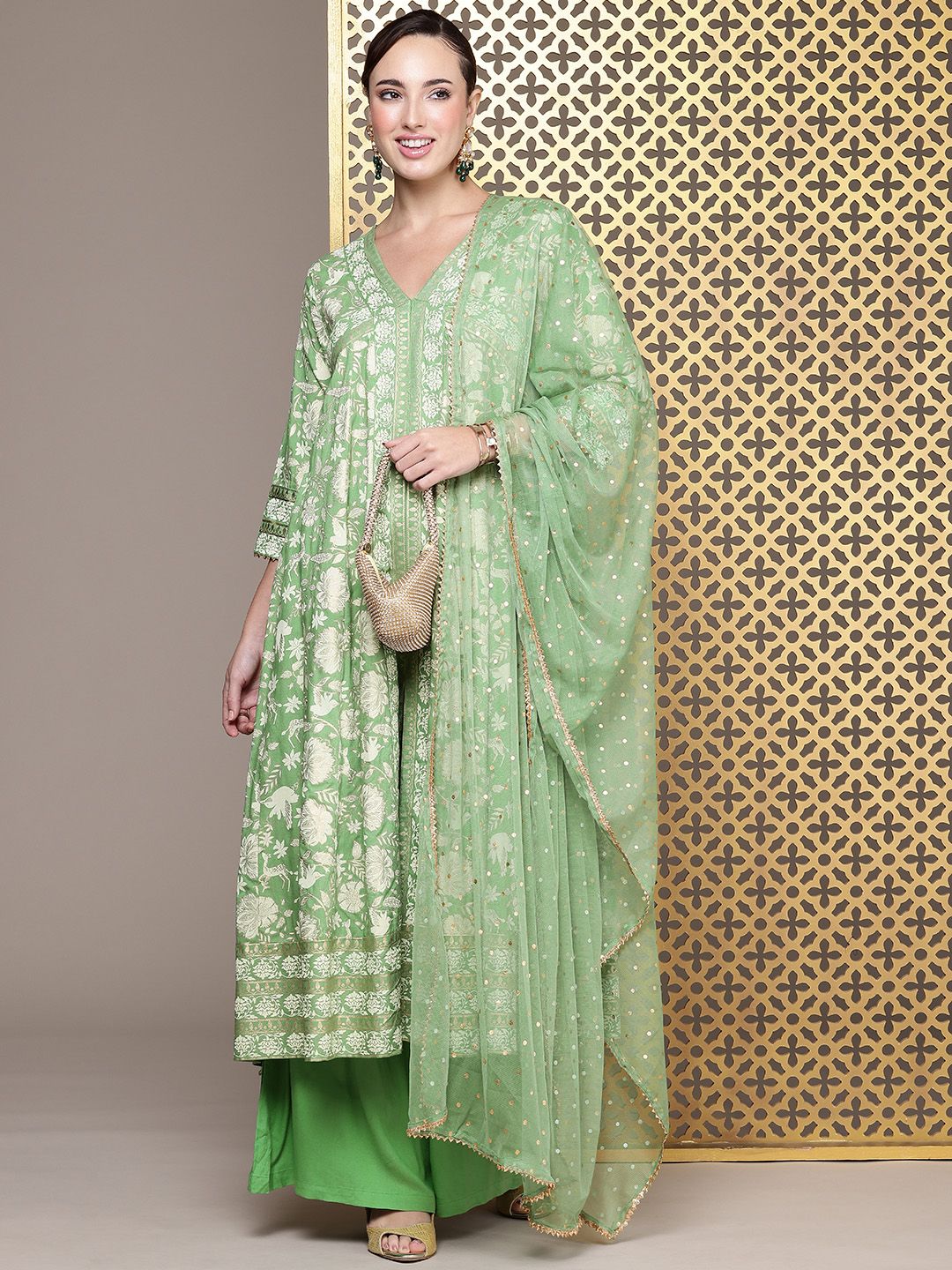 House of Pataudi Jashn Ethnic Floral Foil Printed A-Line Kurta With Palazzos & Dupatta