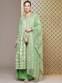 House of Pataudi Jashn Ethnic Floral Foil Printed A-Line Kurta With Palazzos & Dupatta