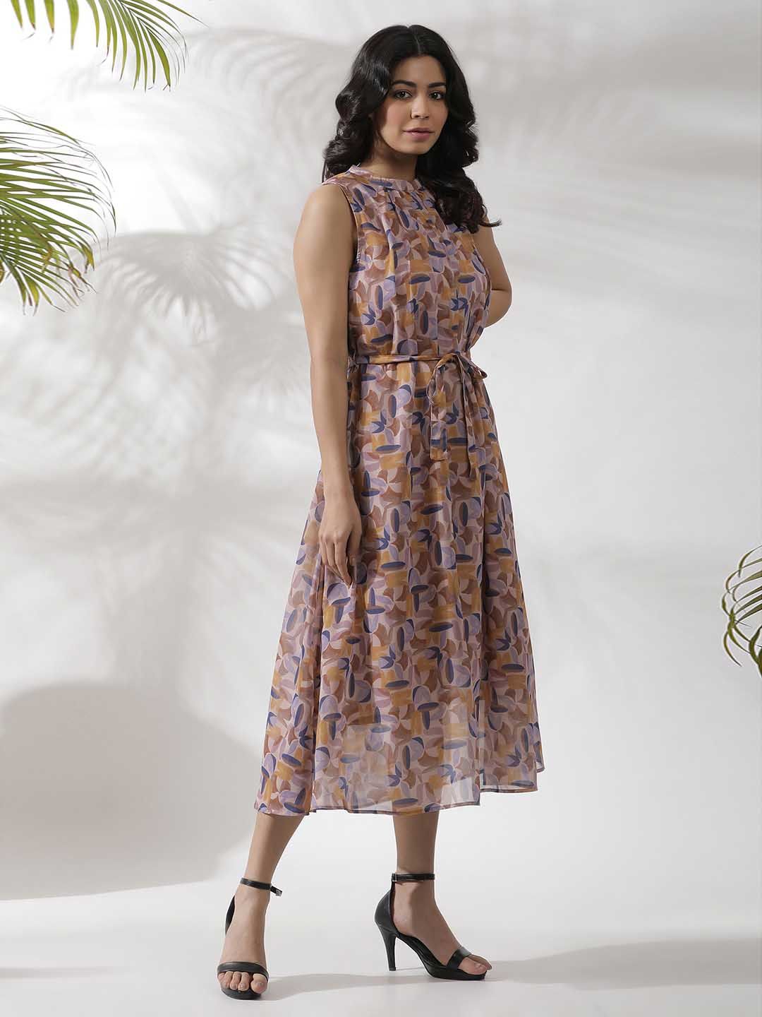W Abstract Printed Sleeveless A-Line Midi Dress