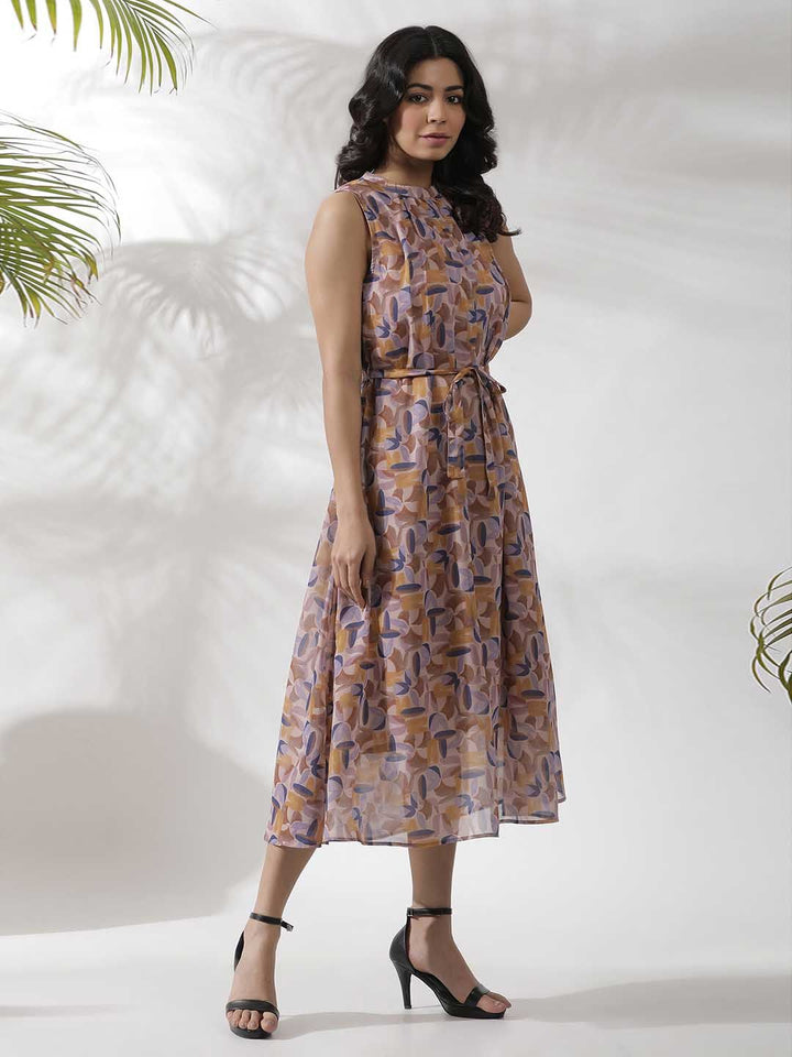 W Abstract Printed Sleeveless A-Line Midi Dress