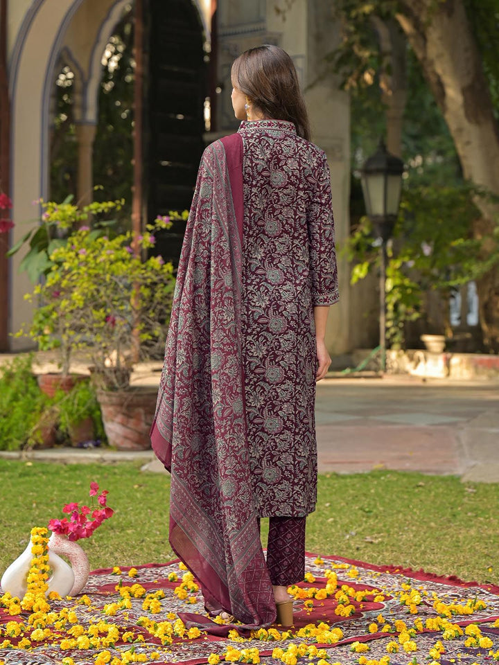 KALINI Floral Printed Pleated Kurta with Trouser & Dupatta