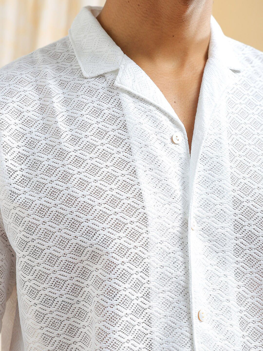 The Indian Garage Co Men Relaxed Fit Solid Warp Knit Lace Resortwear Shirt