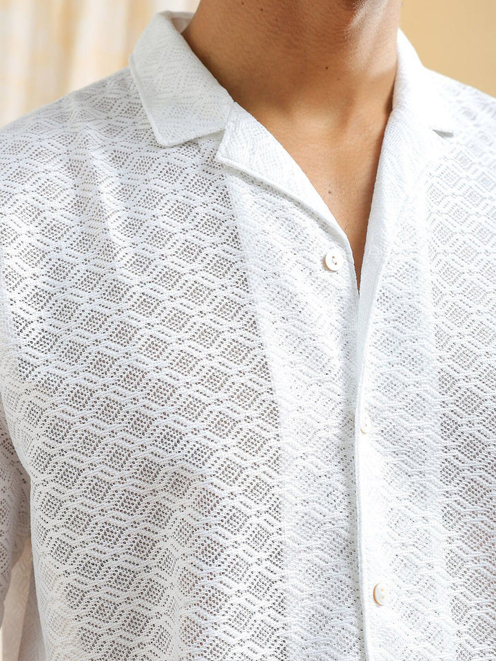 The Indian Garage Co Men Relaxed Fit Solid Warp Knit Lace Resortwear Shirt