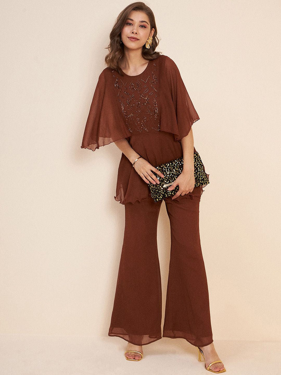 Antheaa Brown Embellished Tunic With Trousers Co-Ords