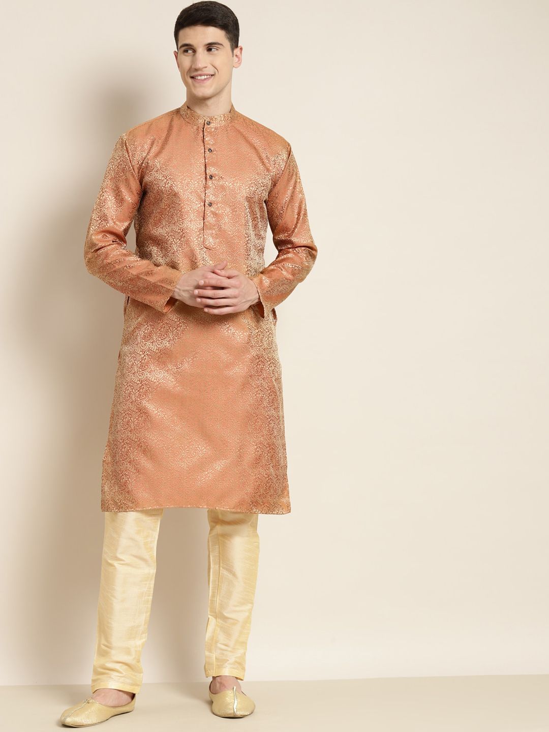 SOJANYA Woven Design Mandarin Collar Silk Cotton Kurta