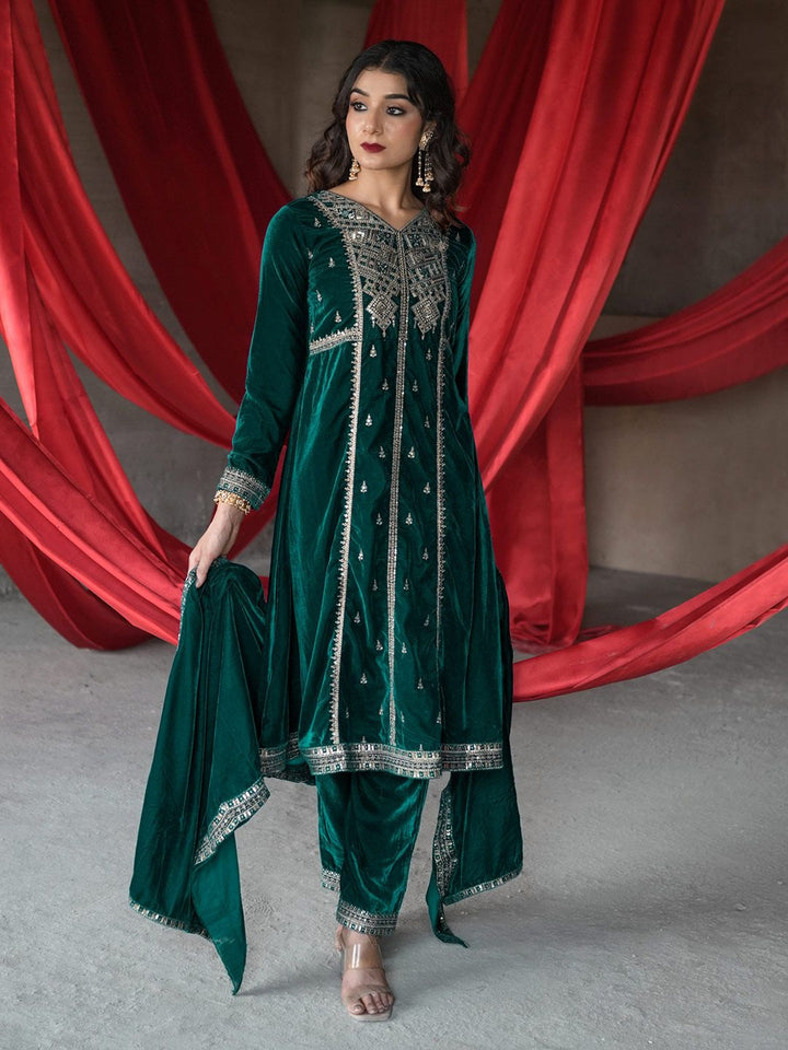 Libas Ethnic Motifs Embroidered Velvet A-Line Kurta With Trousers & Dupatta