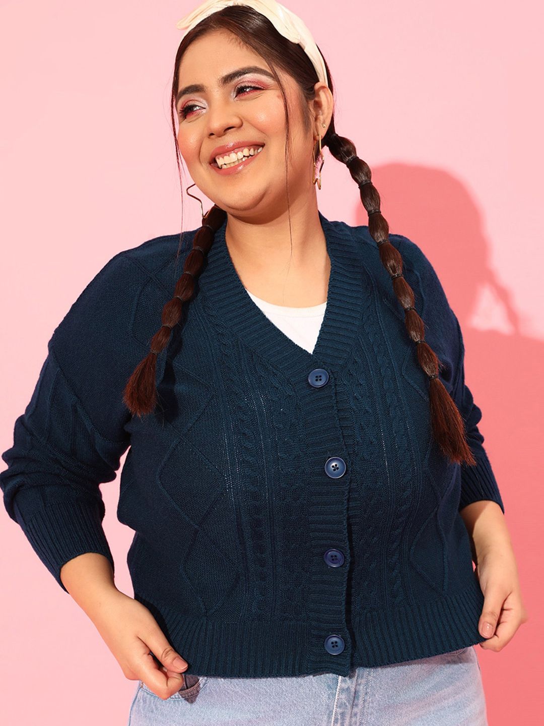 CURVY STREET Plus Size Women Cable Knit Acrylic Cardigan